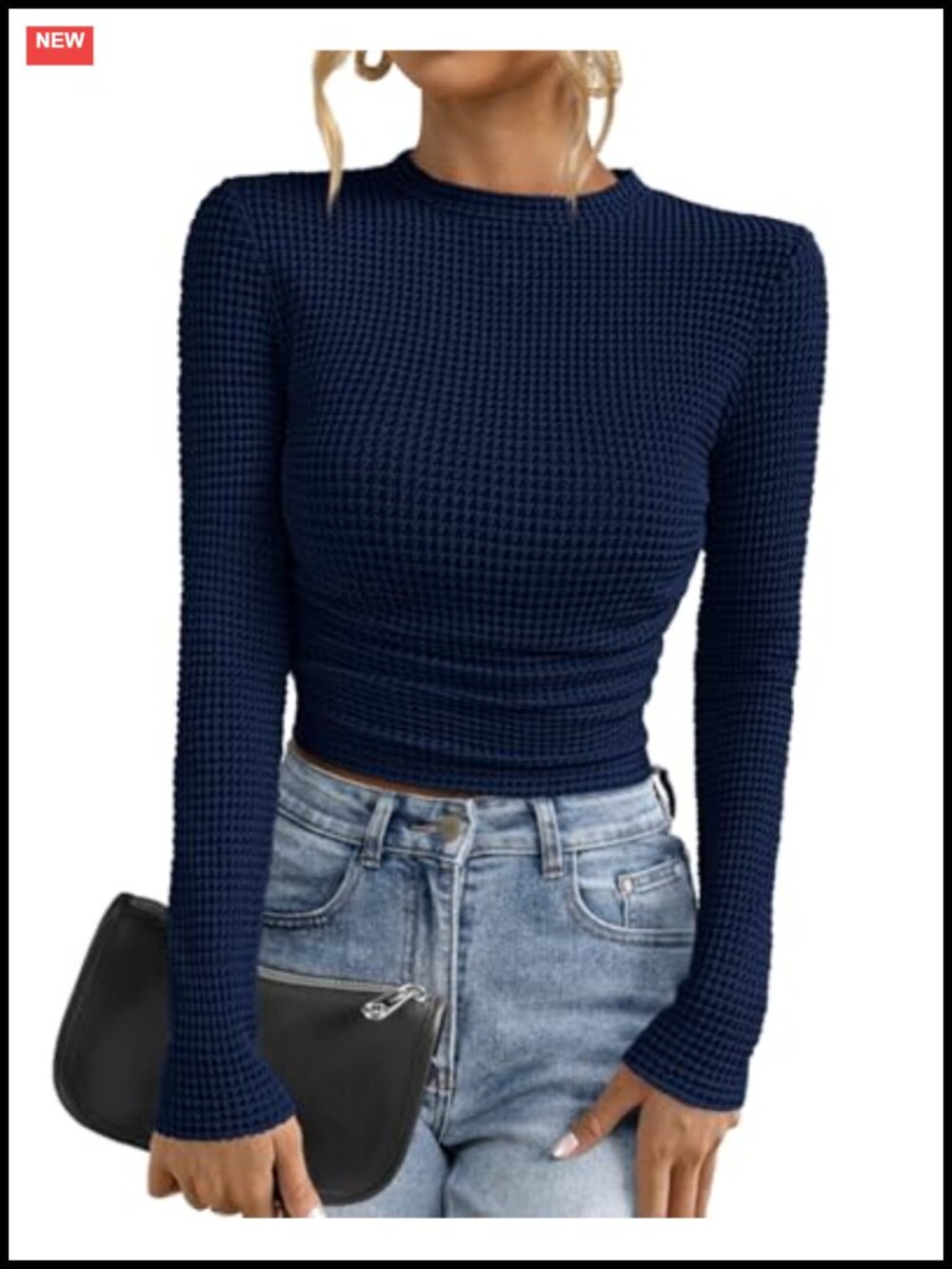 Waffle Knit Ruched Long Sleeve Crop Top